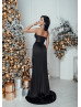 Asymmetrical Satin Glitter Split Maxi Party Dress